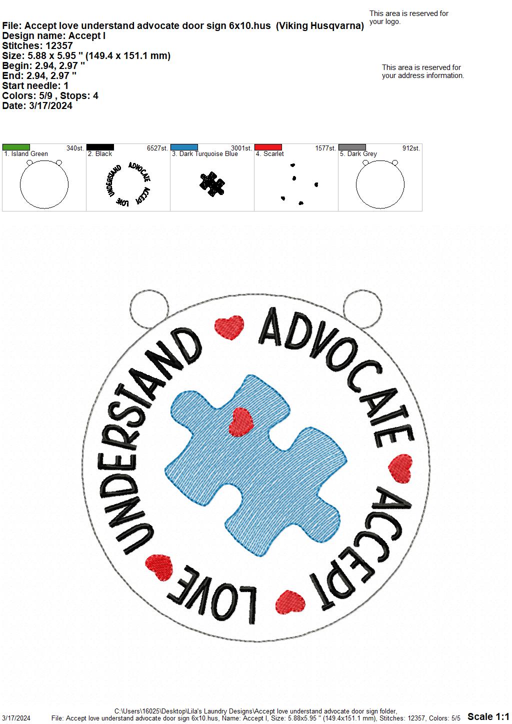 Accept Love Understand Advocate Door Sign - 3 Sizes - Digital Embroidery Design
