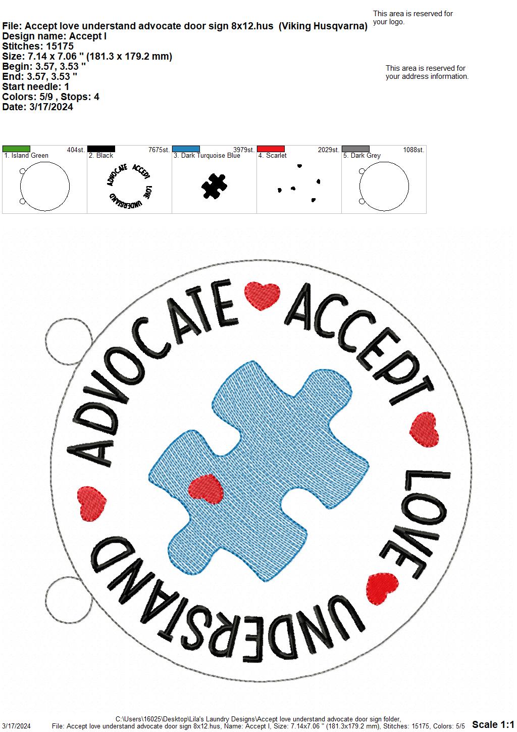 Accept Love Understand Advocate Door Sign - 3 Sizes - Digital Embroidery Design