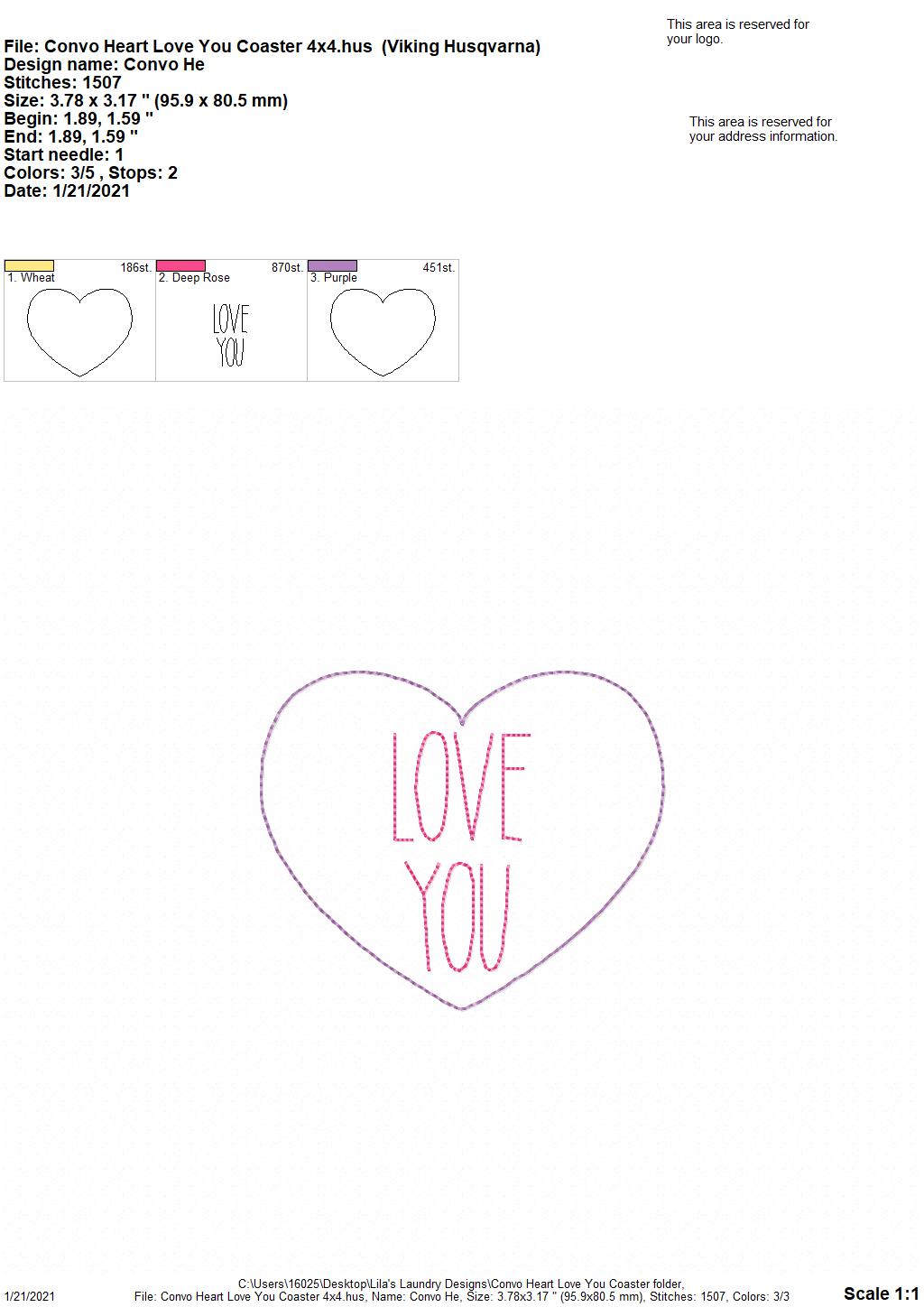 Convo Heart Love You Coaster 4x4 - DIGITAL Embroidery DESIGN