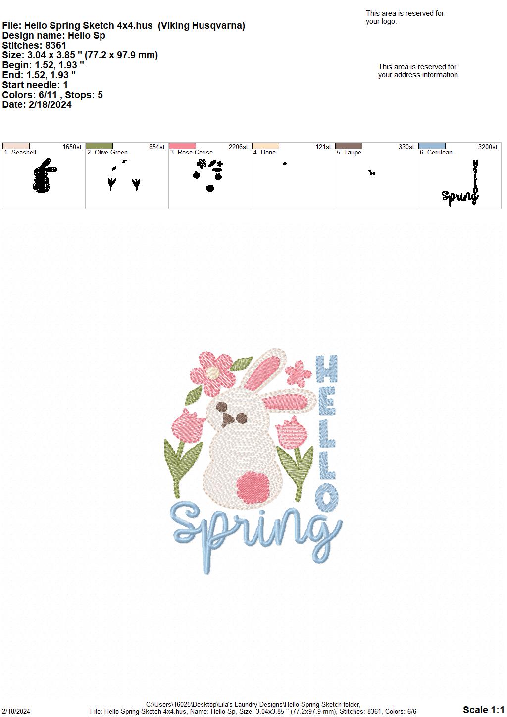 Hello Spring Sketch - 4 Sizes - Digital Embroidery Design