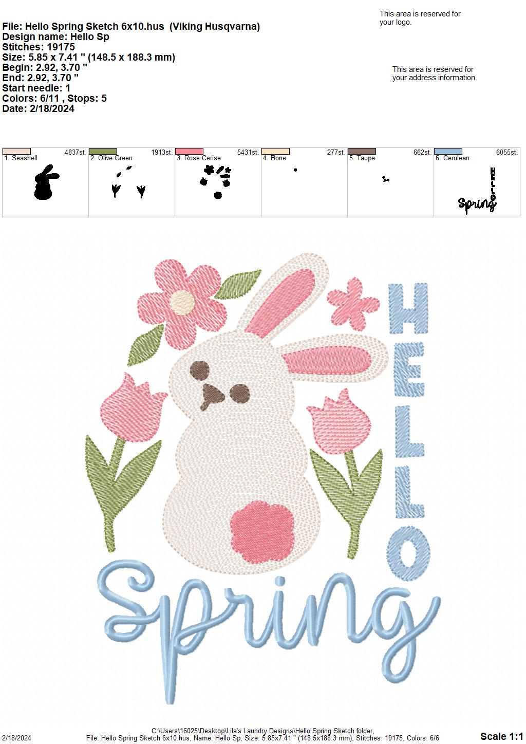 Hello Spring Sketch - 4 Sizes - Digital Embroidery Design