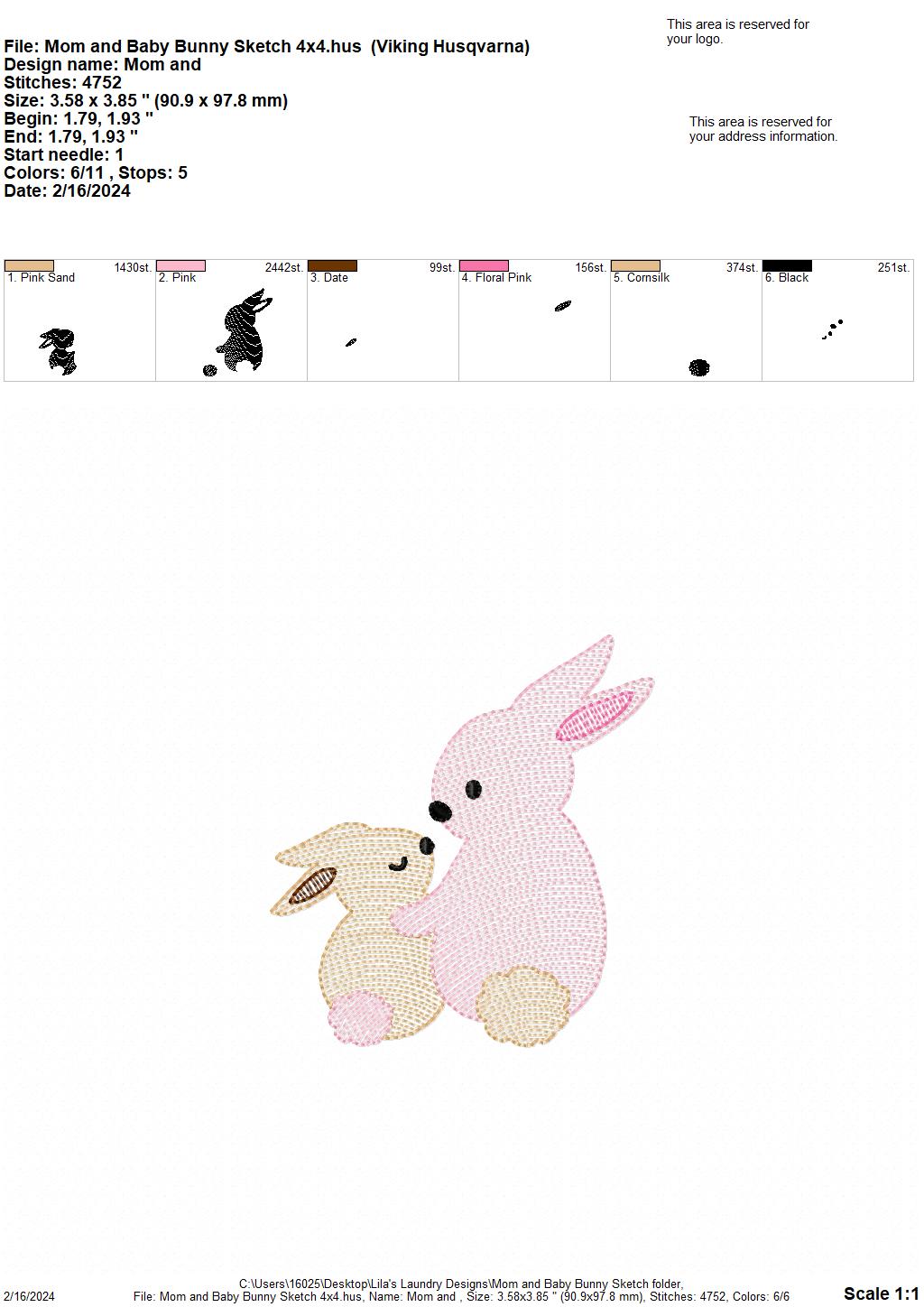 Mom & Baby Bunny Sketch - 4 Sizes - Digital Embroidery Design