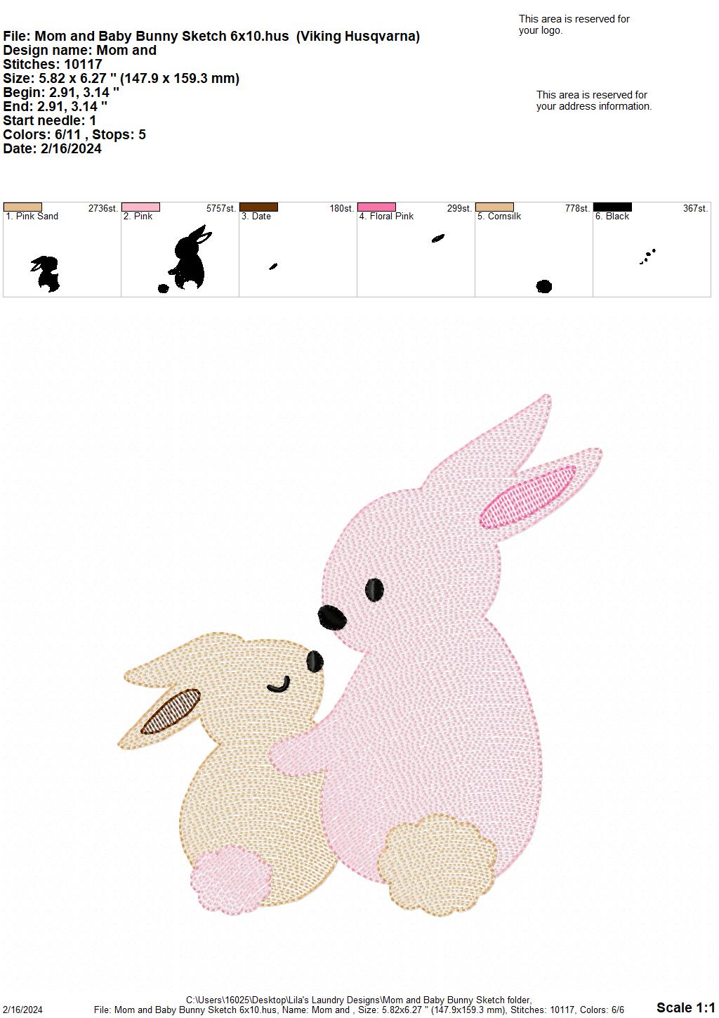 Mom & Baby Bunny Sketch - 4 Sizes - Digital Embroidery Design