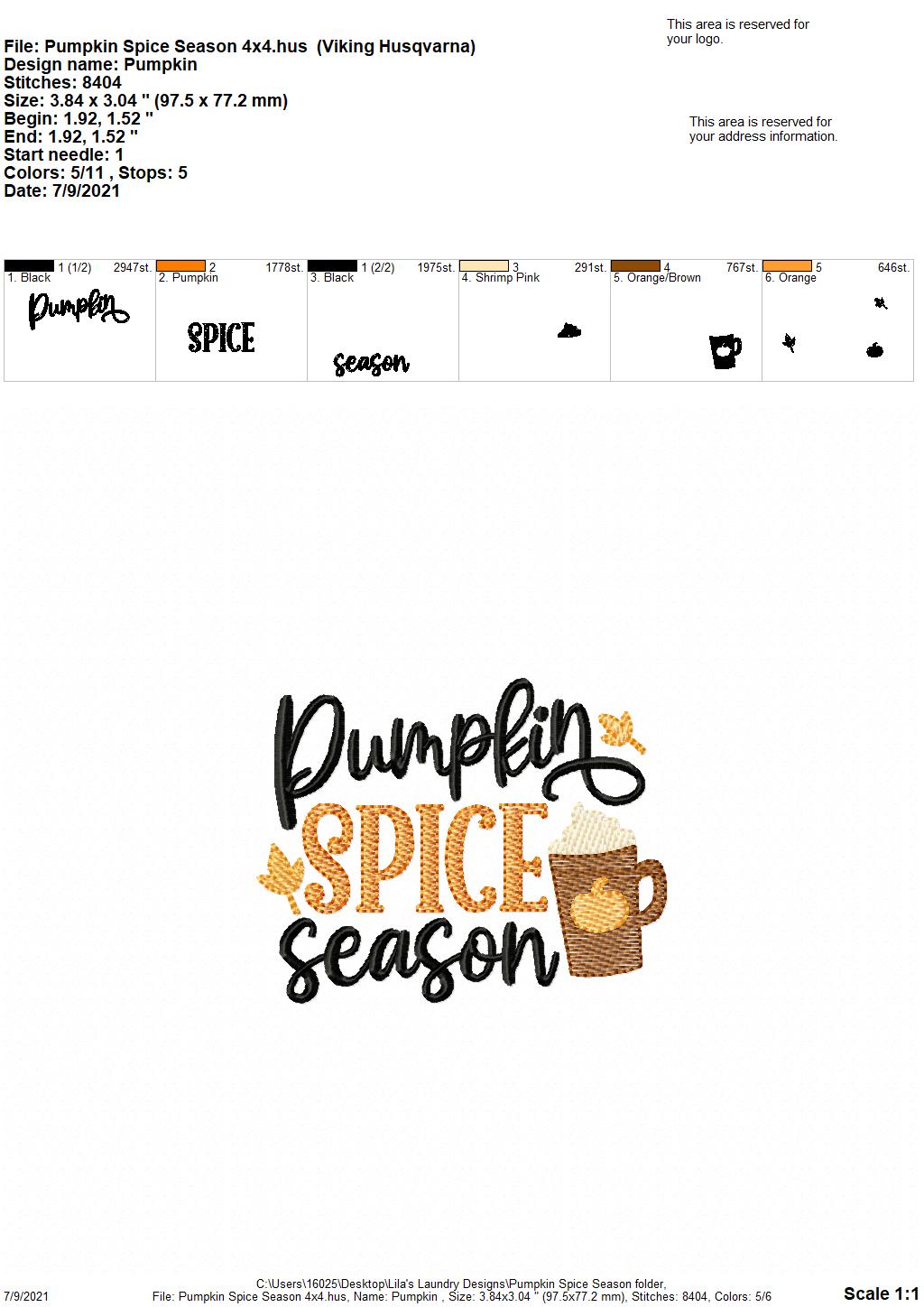 Pumpkin Spice Season - 4 sizes- Digital Embroidery Design