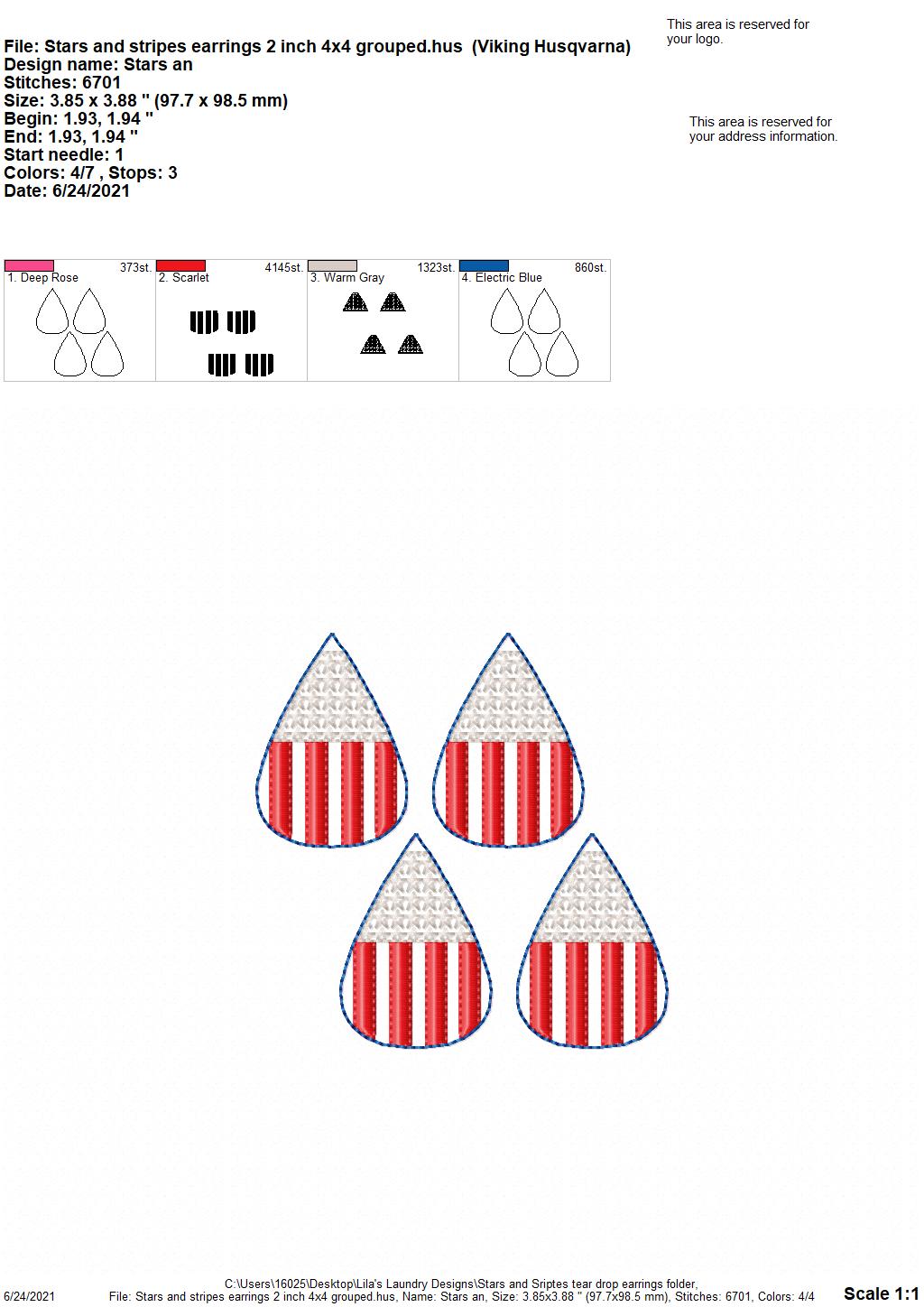 Stars and Stripes Earrings - 2 Sizes - Digital Embroidery Design