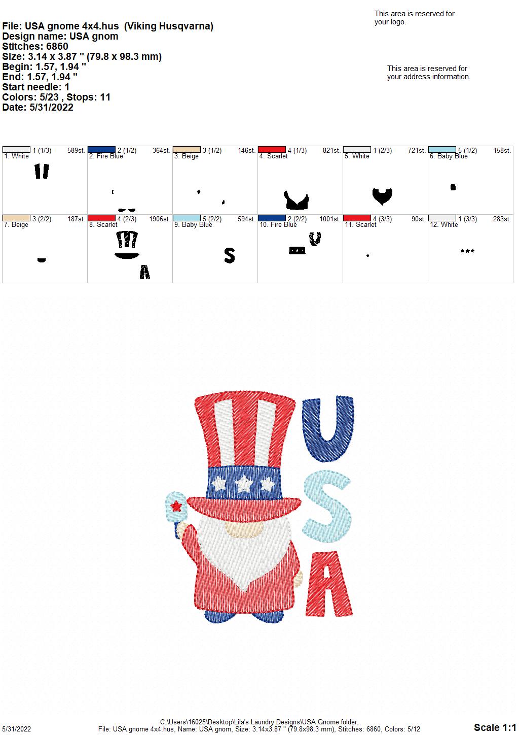 USA Gnome - 3 sizes- Digital Embroidery Design