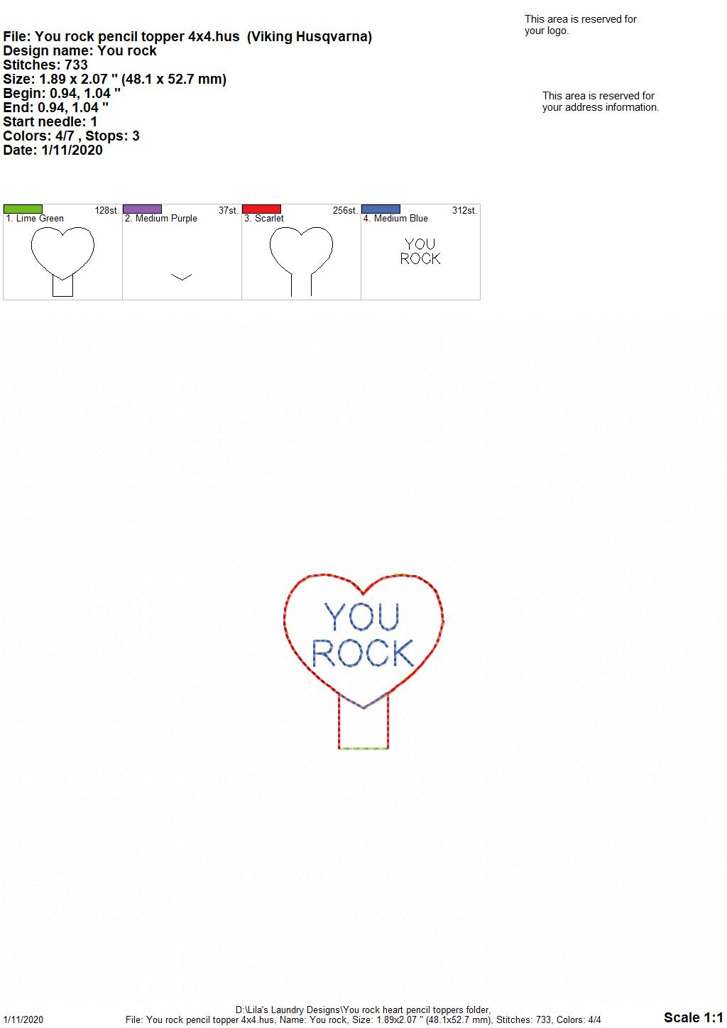You Rock Heart Pencil Toppers - DIGITAL Embroidery DESIGN