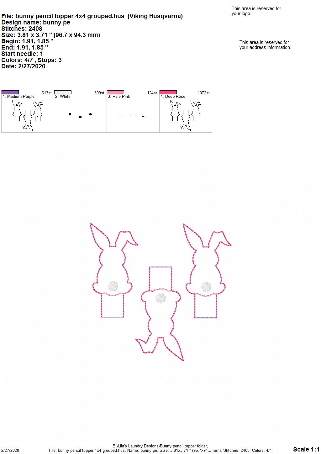 Bunny Pencil Toppers - DIGITAL Embroidery DESIGN