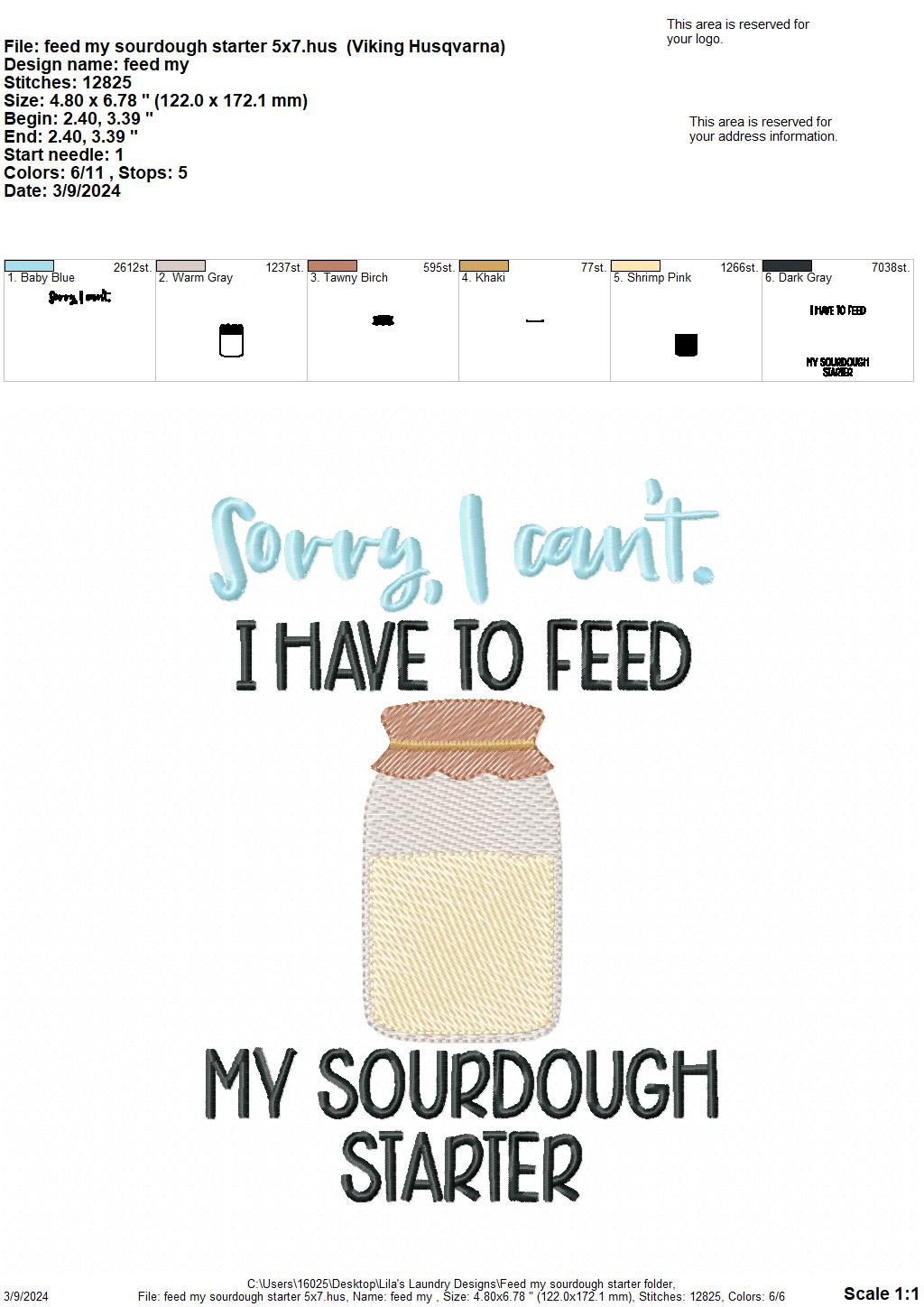 Feed My Sourdough Starter - 4 Sizes - Digital Embroidery Design