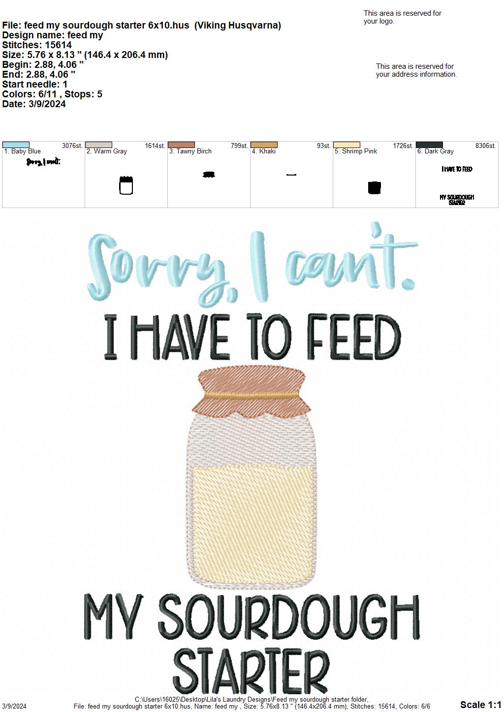 Feed My Sourdough Starter - 4 Sizes - Digital Embroidery Design