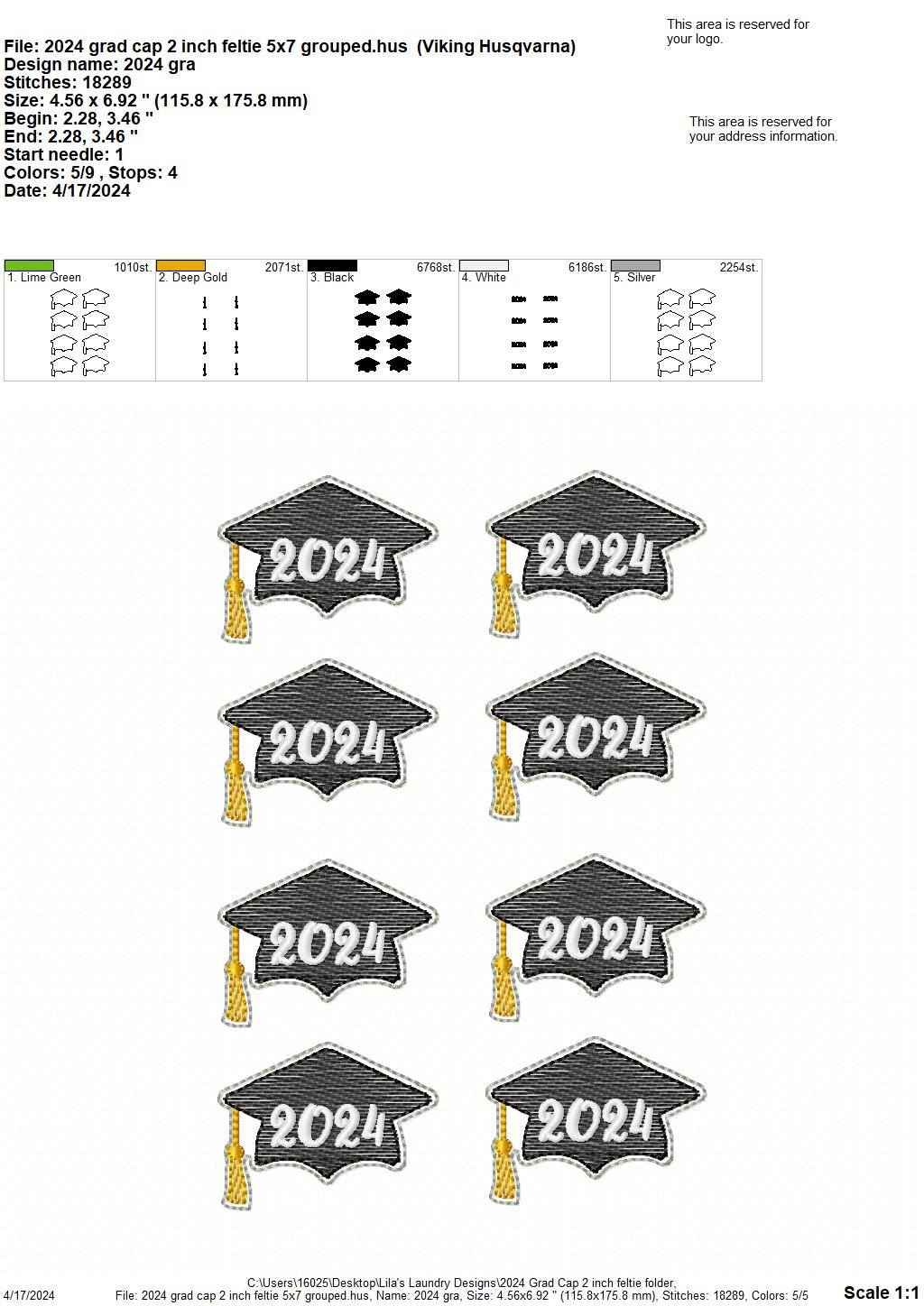 2024 Grad Cap - 2 inch feltie - Digital Embroidery Design