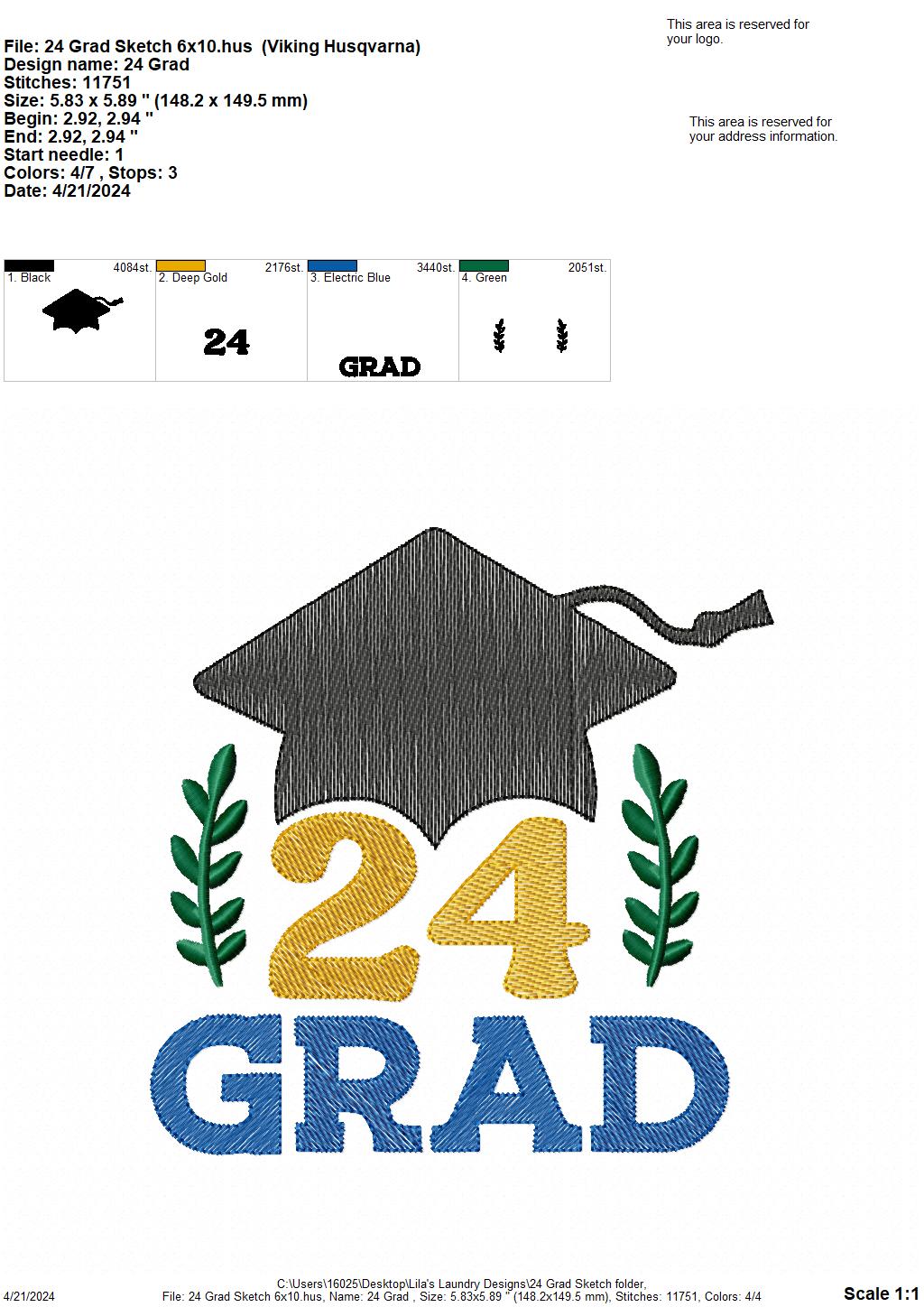 '24 Grad Sketch - 4 Sizes - Digital Embroidery Design