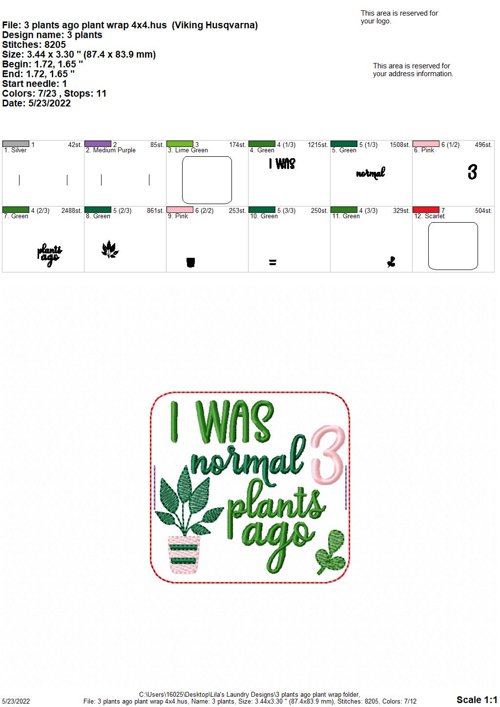 3 Plants Ago Plant Wrap - Embroidery Design, Digital File
