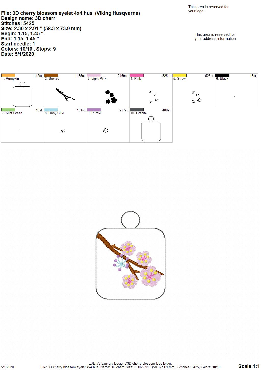 3D Cherry Blossom Fobs - DIGITAL Embroidery DESIGN