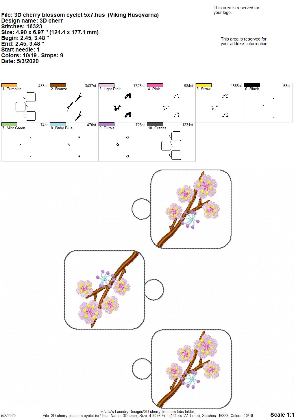 3D Cherry Blossom Fobs - DIGITAL Embroidery DESIGN