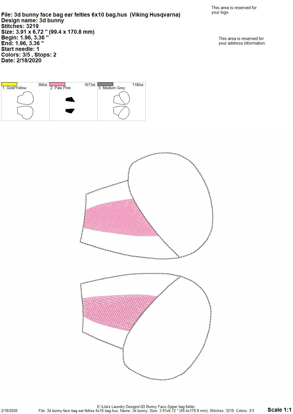 ITH - 3D Bunny Face Zipper Bag 5x7, 6x10, 8x12 - Digital Embroidery Design