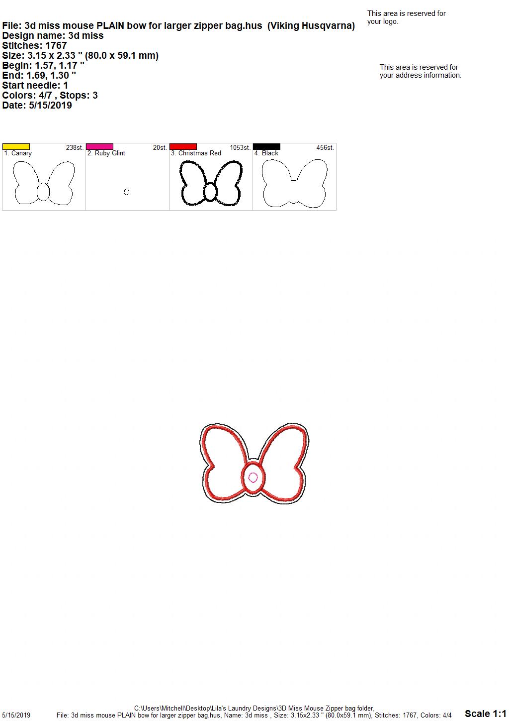 3D Miss Mouse Zipper Bag - 2 Sizes - Digital Embroidery Design