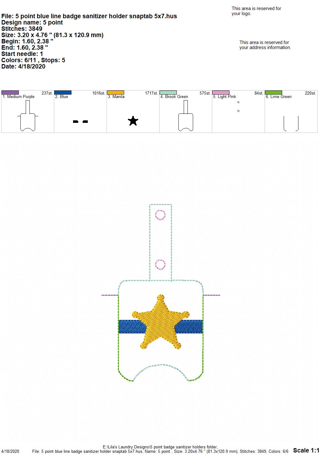 5 Point Blue Line Badge  Sanitizer Holders - DIGITAL Embroidery DESIGN