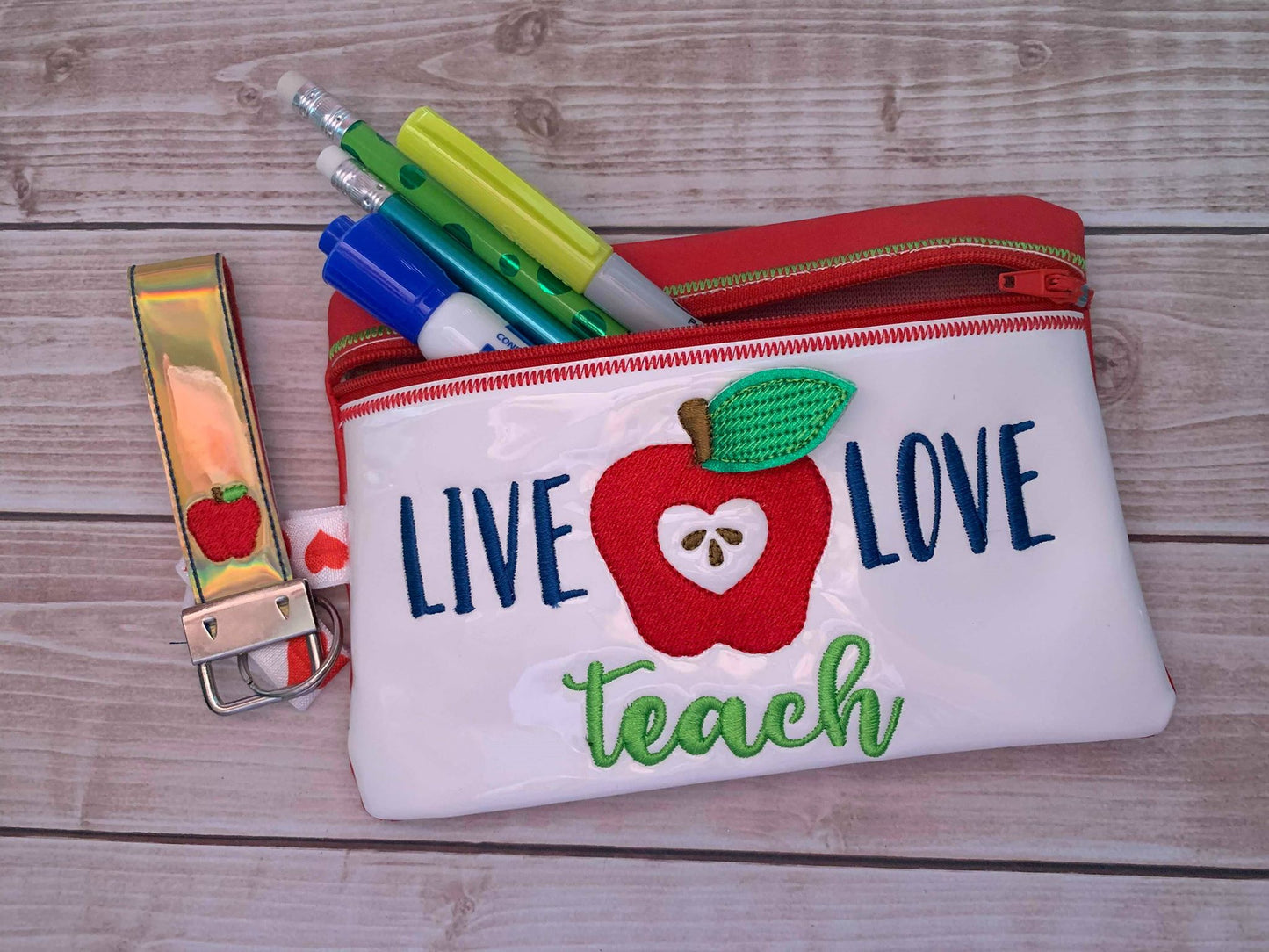 3D Live Love Teach Zipper Bag & Wristlet 5x7 and 6x10 - Digital Embroidery Design