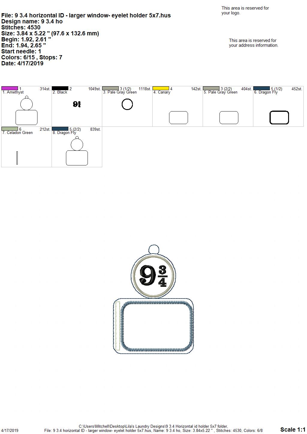 9 3/4 horizontal ID holder/luggage tag - 5 x 7 - DIGITAL Embroidery design