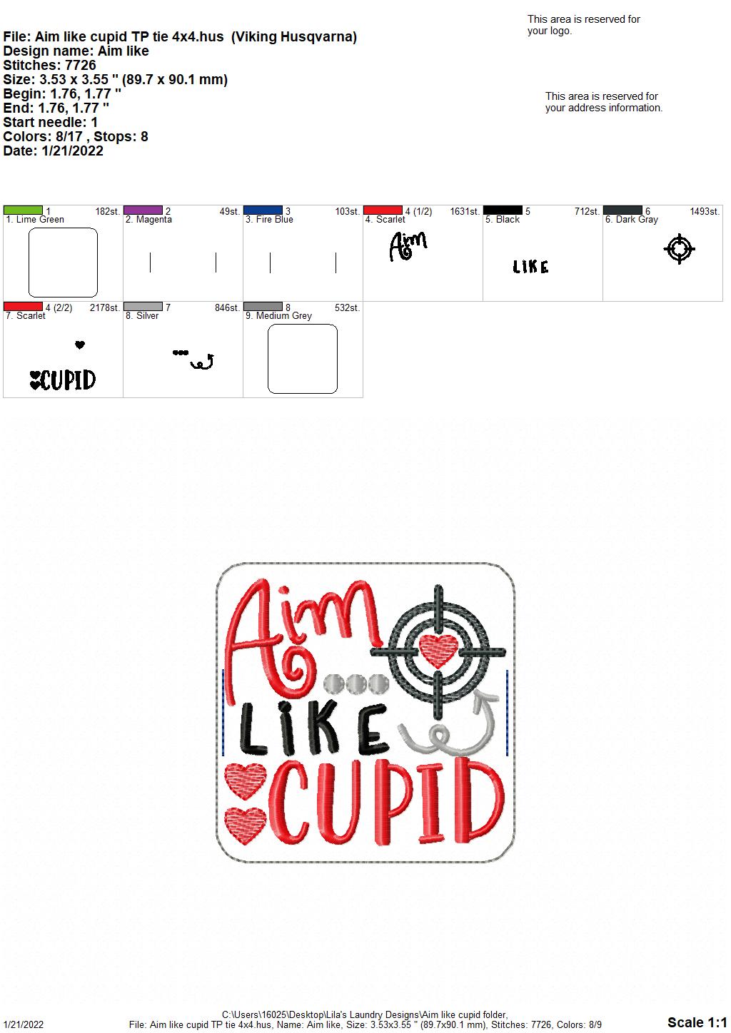 Aim Like Cupid - TP tie 4x4 - DIGITAL Embroidery DESIGN
