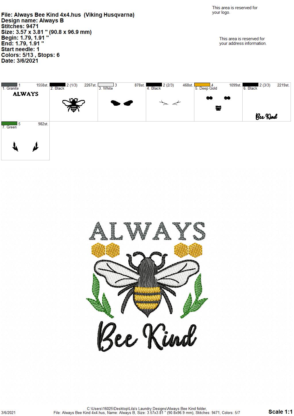 Always Bee Kind - 4 sizes- Digital Embroidery Design