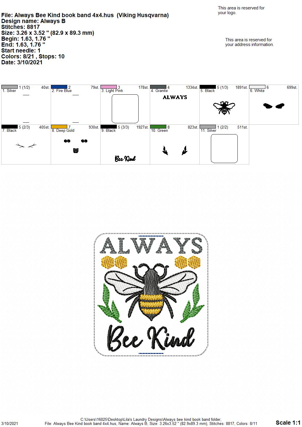 Always Bee Kind Book Band - Embroidery Design, Digital File