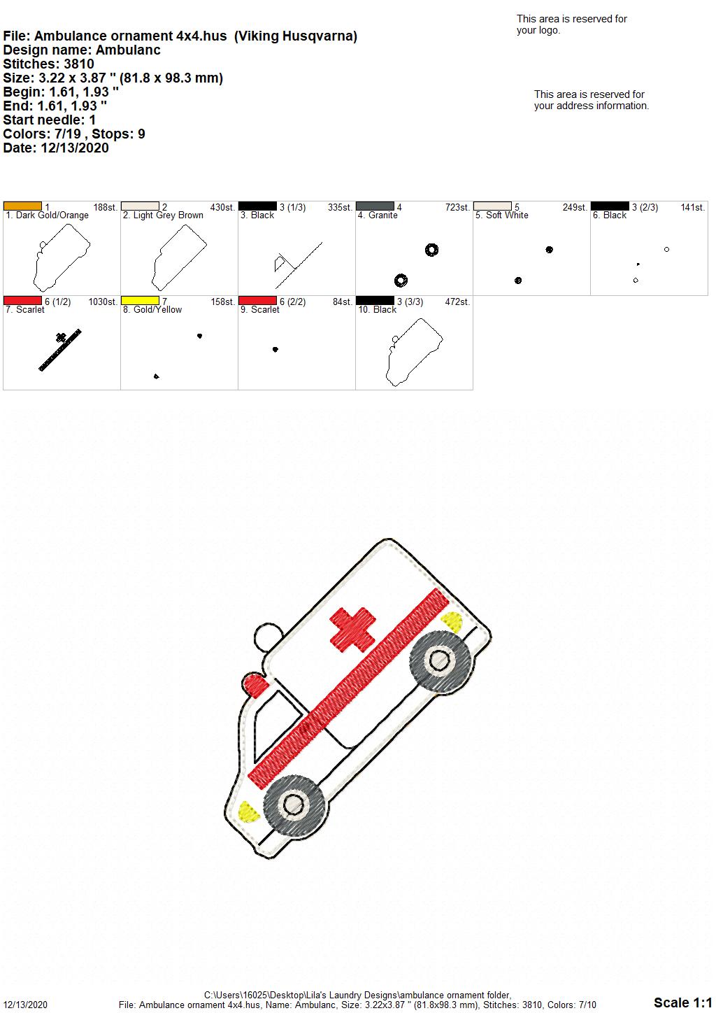Ambulance Ornament - Digital Embroidery Design