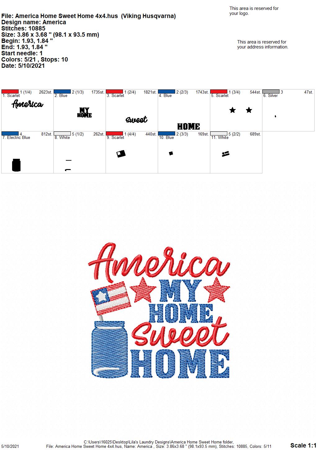 America Home Sweet Home - 4 sizes- Digital Embroidery Design