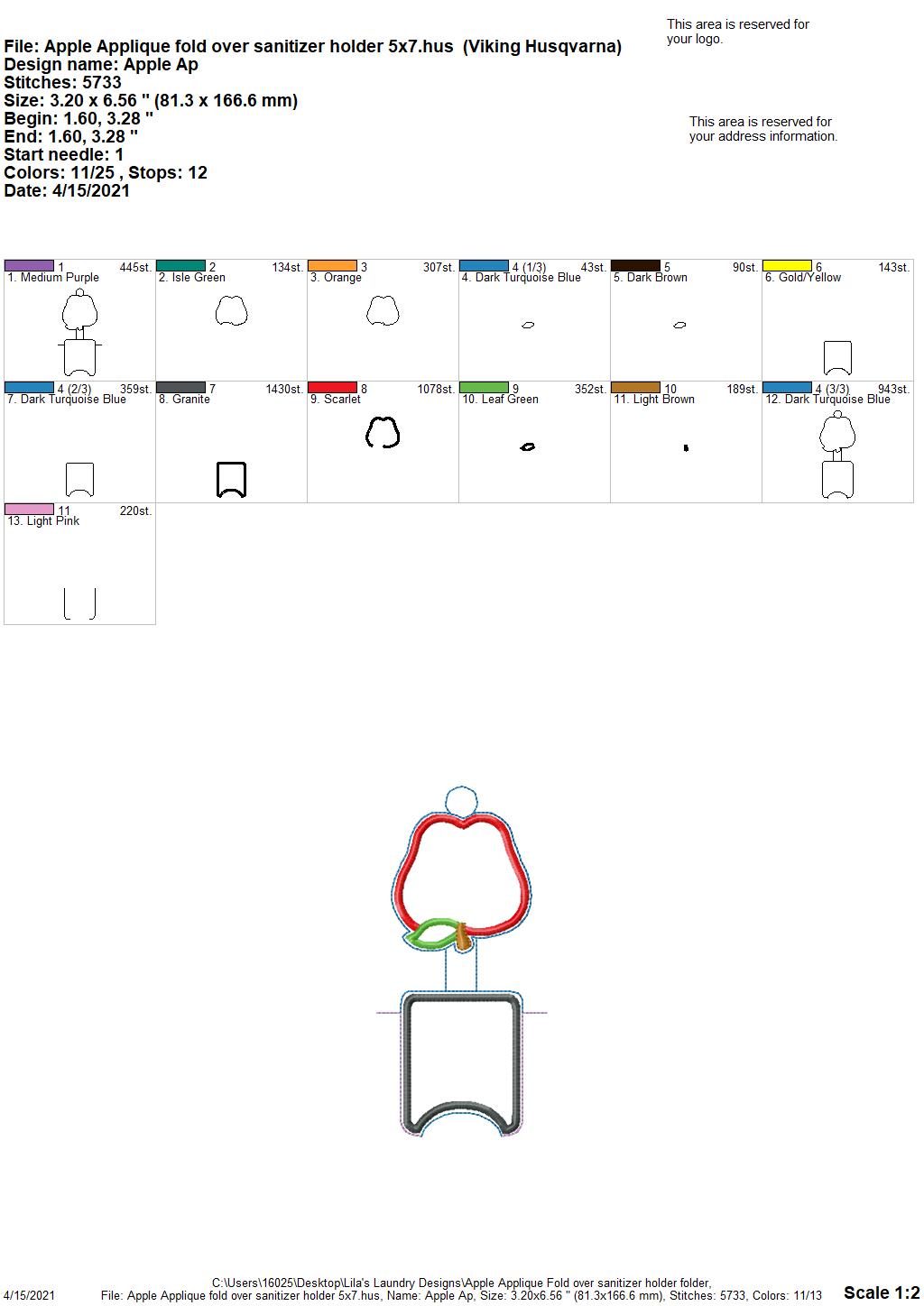 Apple Applique Fold Over Sanitizer Holder 5x7- DIGITAL Embroidery DESIGN