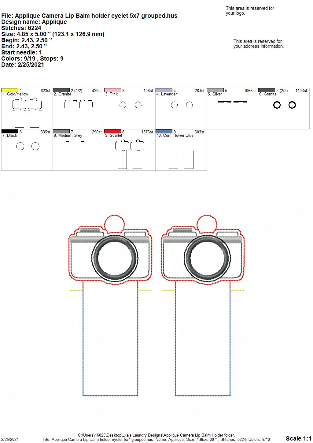 Applique Camera Lip Balm Holders 5x7 - DIGITAL Embroidery DESIGN