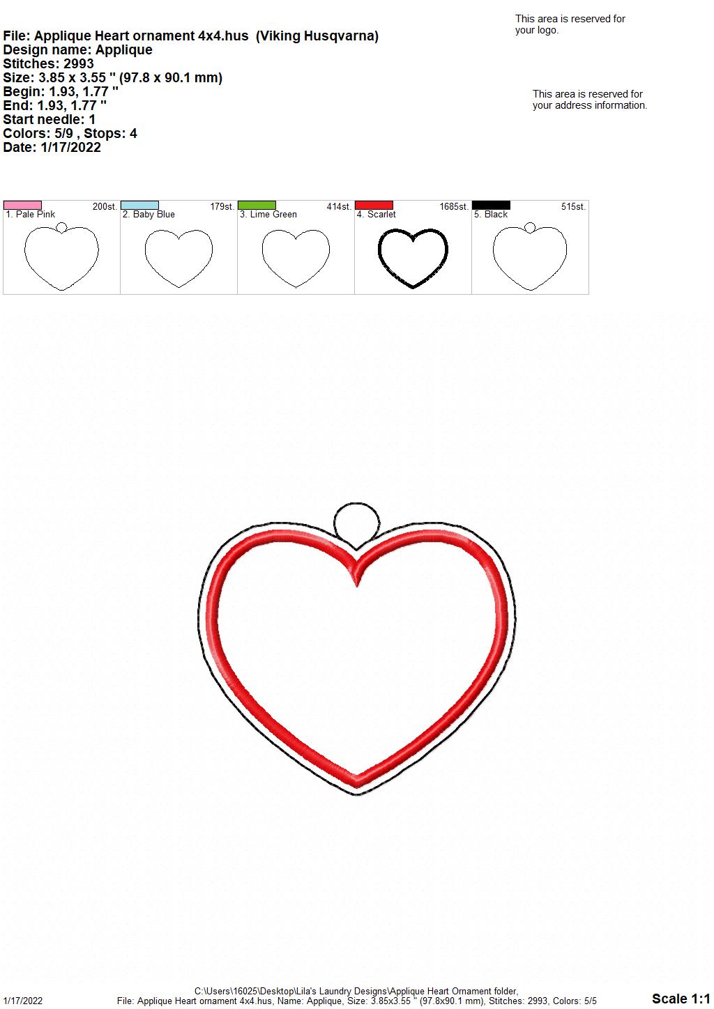 Applique Heart Ornament - Digital Embroidery Design