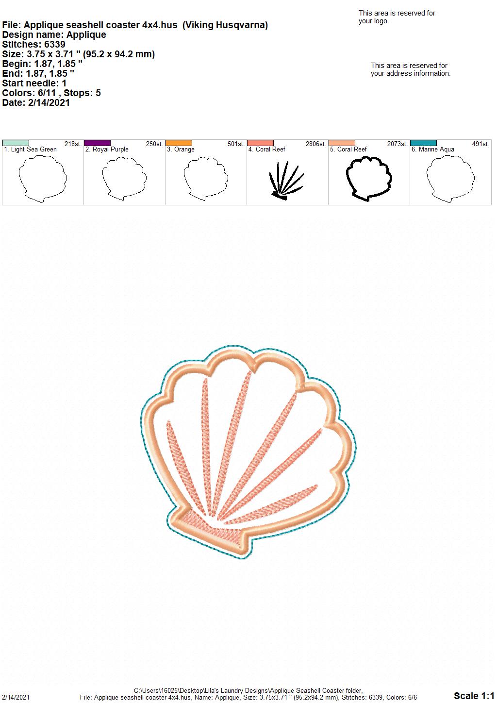 Applique Seashell Coaster 4x4 - DIGITAL Embroidery DESIGN