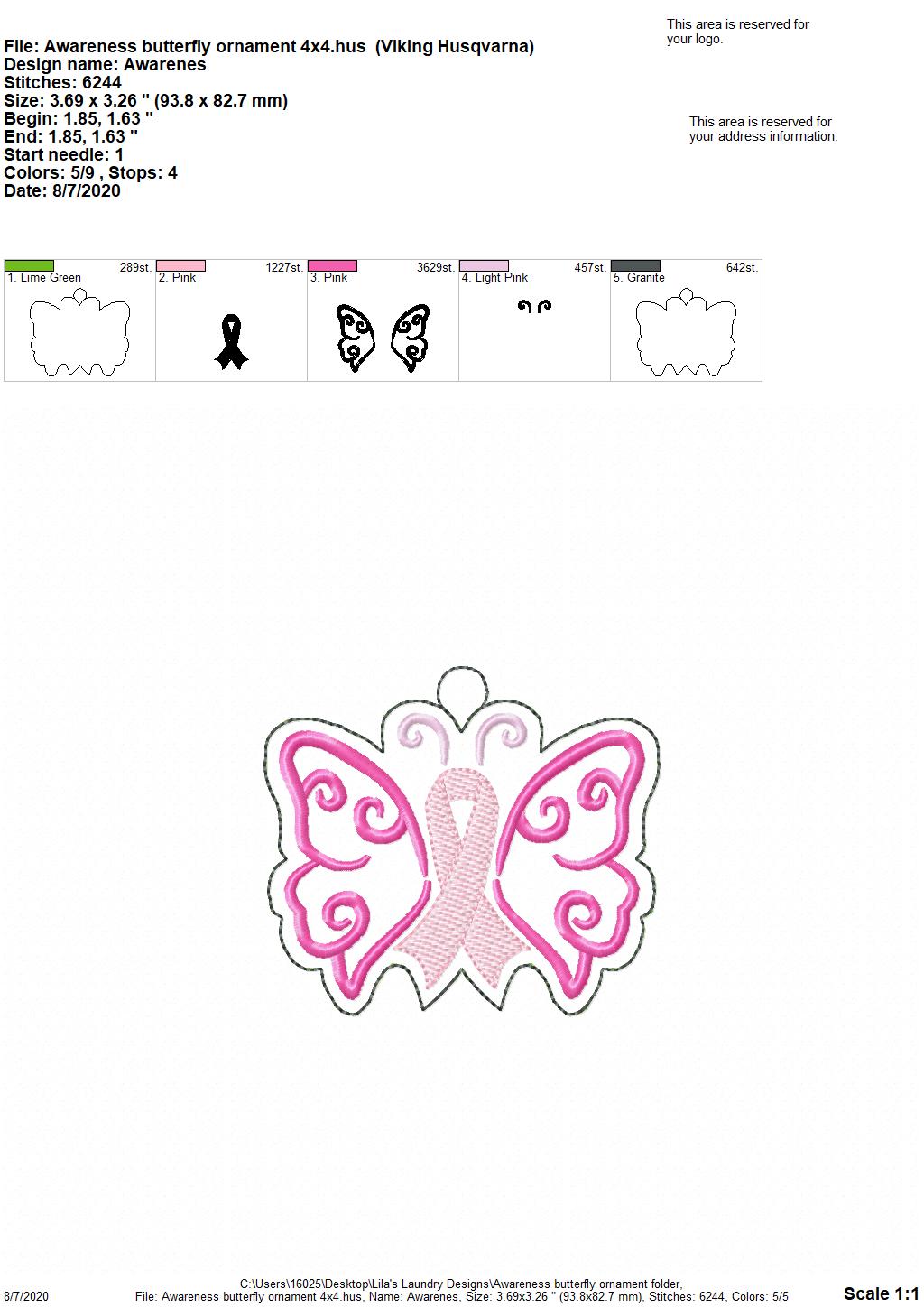 Awareness Butterfly Ornament - Digital Embroidery Design