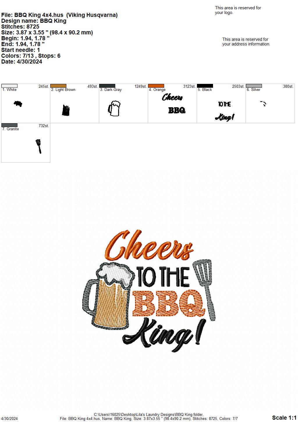 BBQ King - 4 Sizes - Digital Embroidery Design