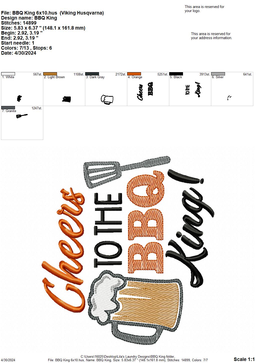 BBQ King - 4 Sizes - Digital Embroidery Design