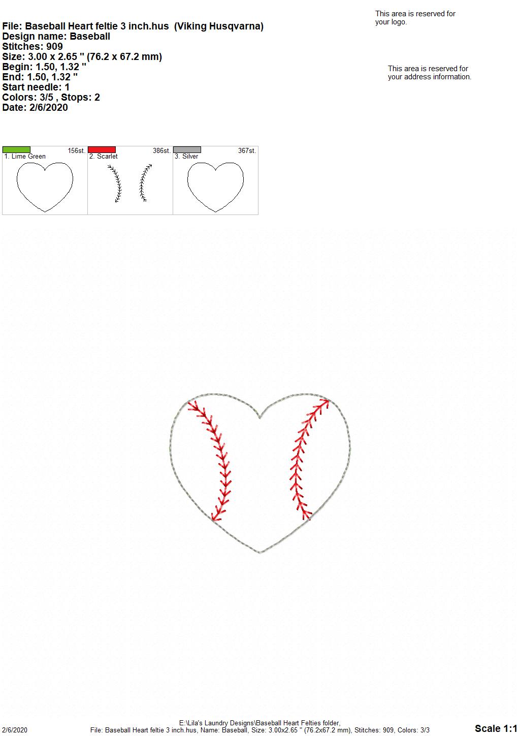 Baseball Heart Felties - 3 sizes - Digital Embroidery Design