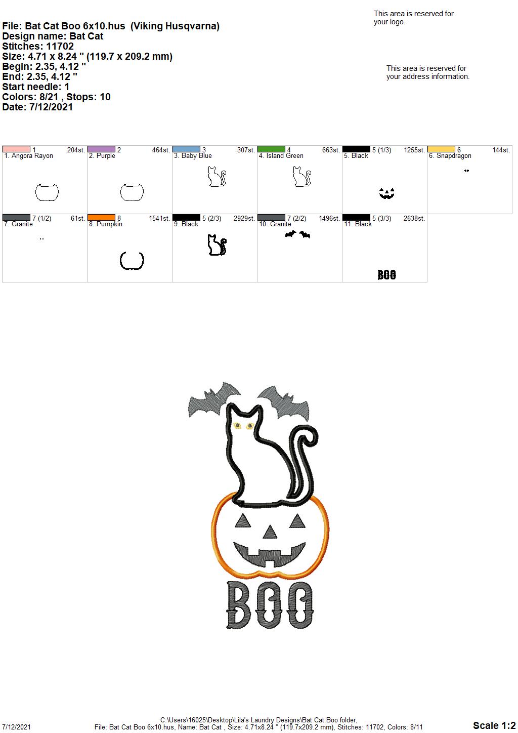 Cat Bat Boo Applique - 3 sizes- Digital Embroidery Design