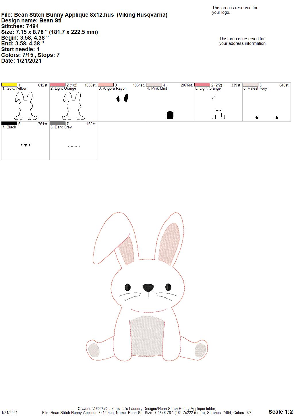 Bean Stitch Bunny Applique - 4 sizes- Digital Embroidery Design