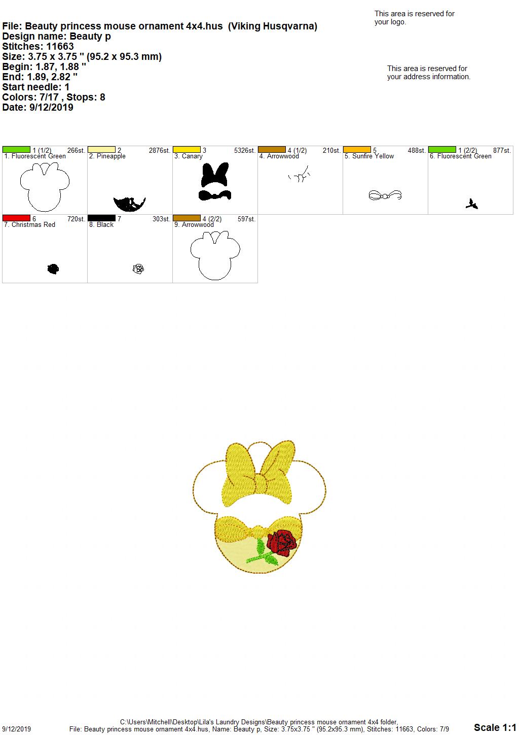 Beauty Princess Mouse Ornament - 4x4 - DIGITAL Embroidery DESIGN