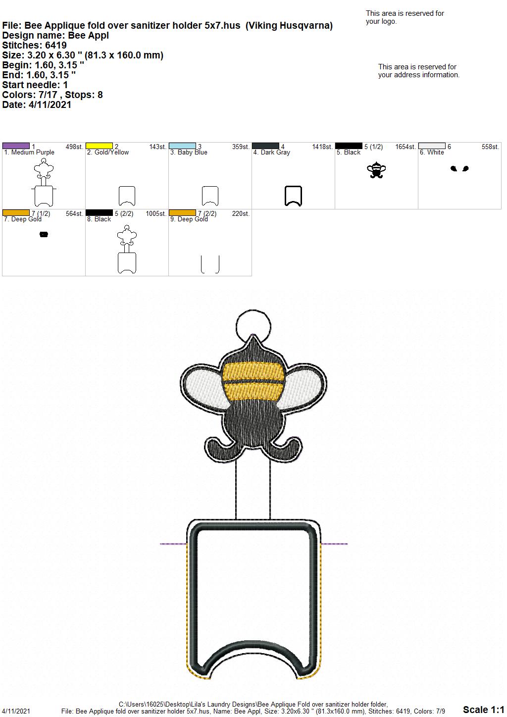 Bee Applique Fold Over Sanitizer Holder 5x7- DIGITAL Embroidery DESIGN