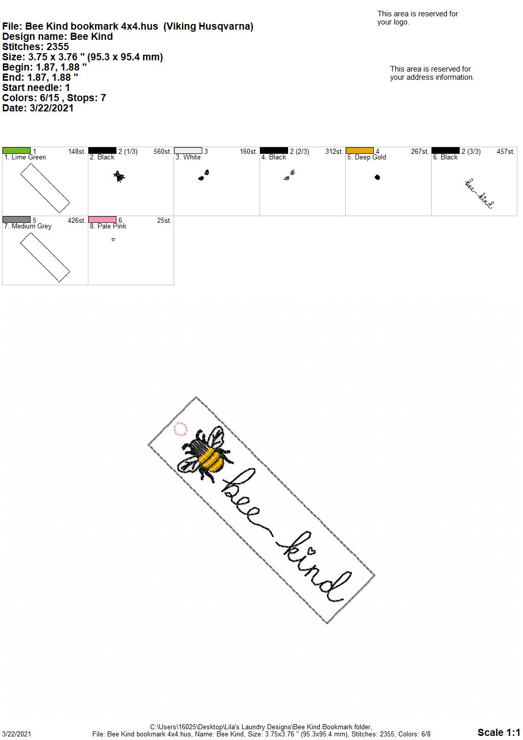 Bee Kind Bookmark 4x4 and 5x7 Grouped - Digital Embroidery Design