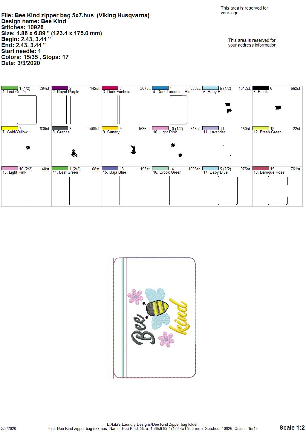Bee Kind Zipper Bag - 2 sizes - Digital Embroidery Design