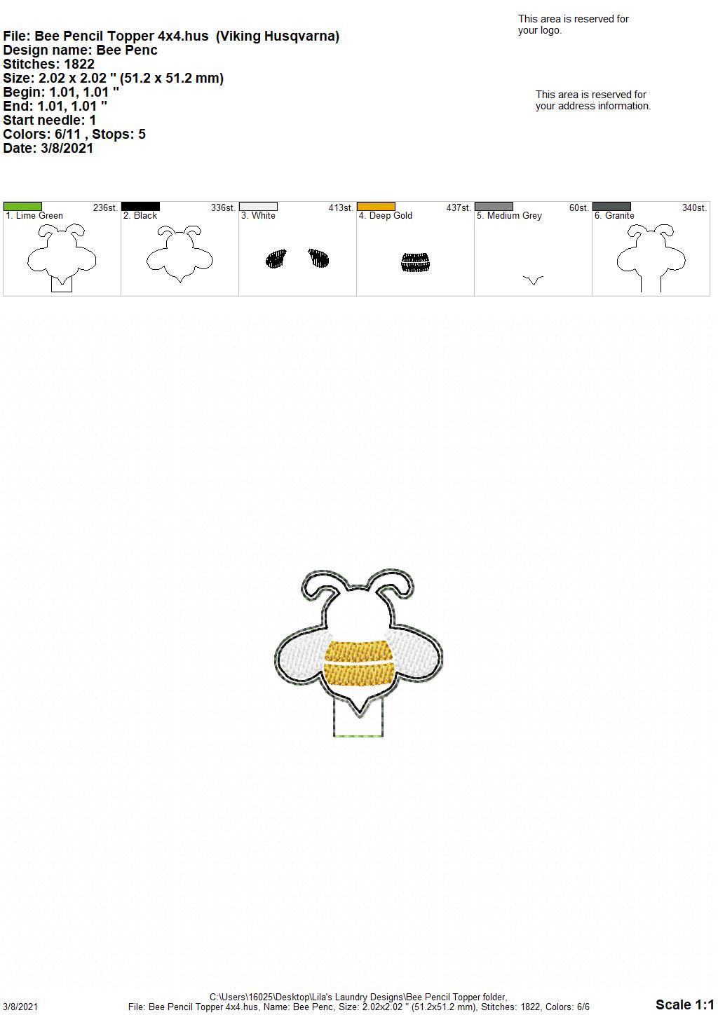 Bee Pencil Toppers 4x4 and 5x7 included- DIGITAL Embroidery DESIGN