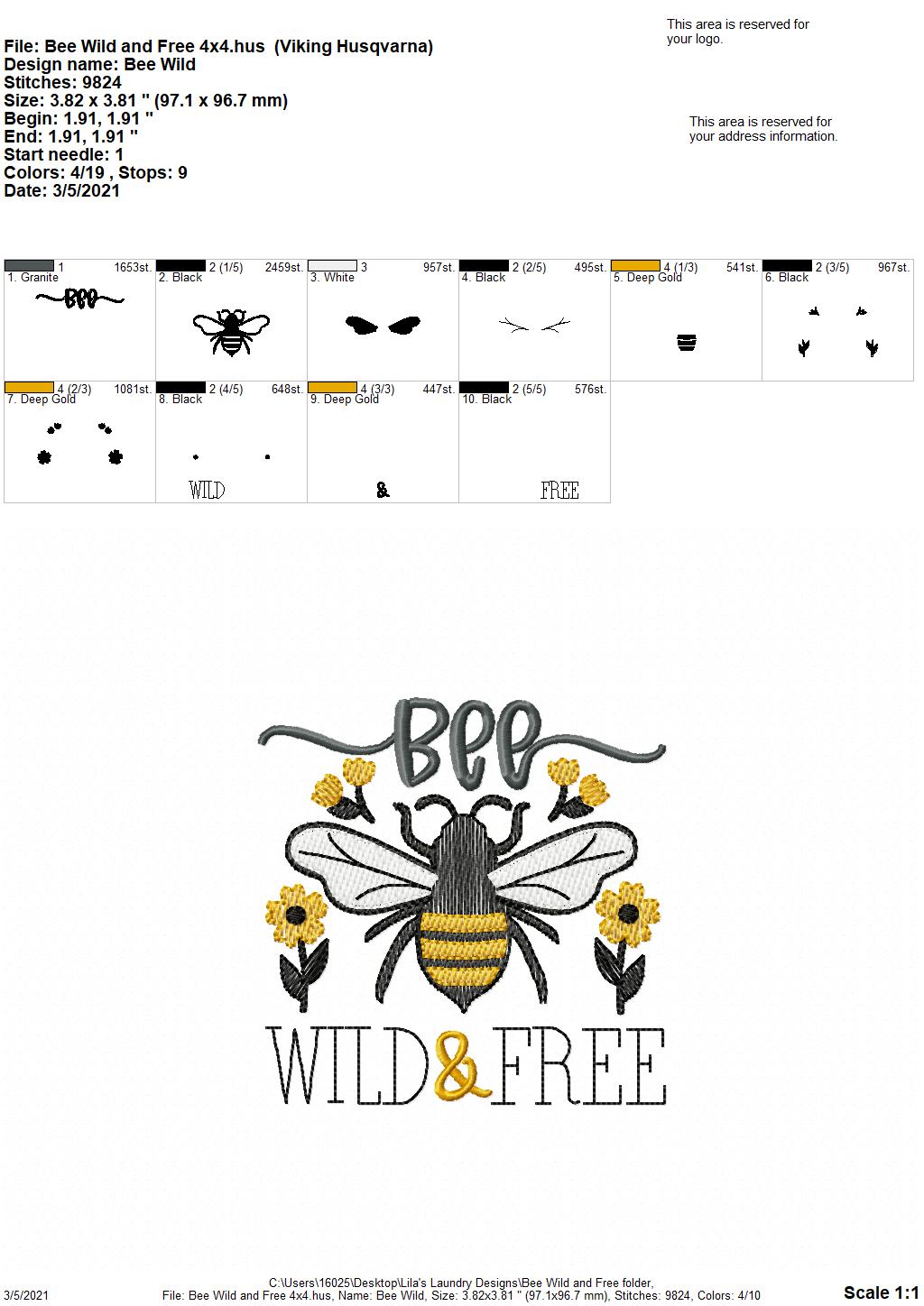 Bee Wild and Free - 4 sizes- Digital Embroidery Design