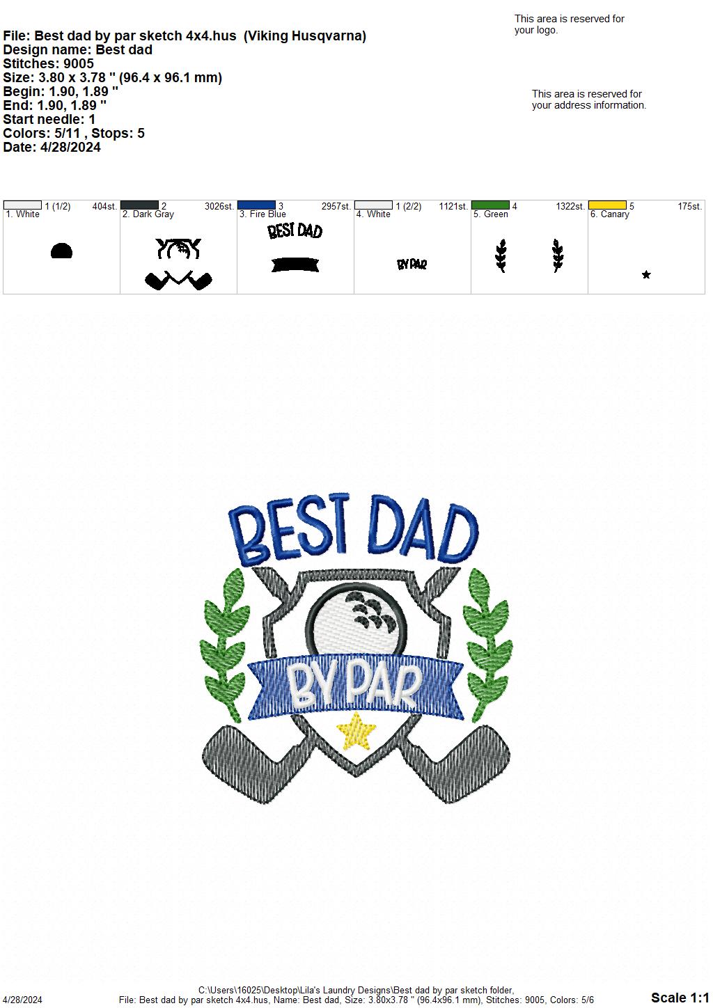 Best Dad By Par Sketch - 4 Sizes - Digital Embroidery Design