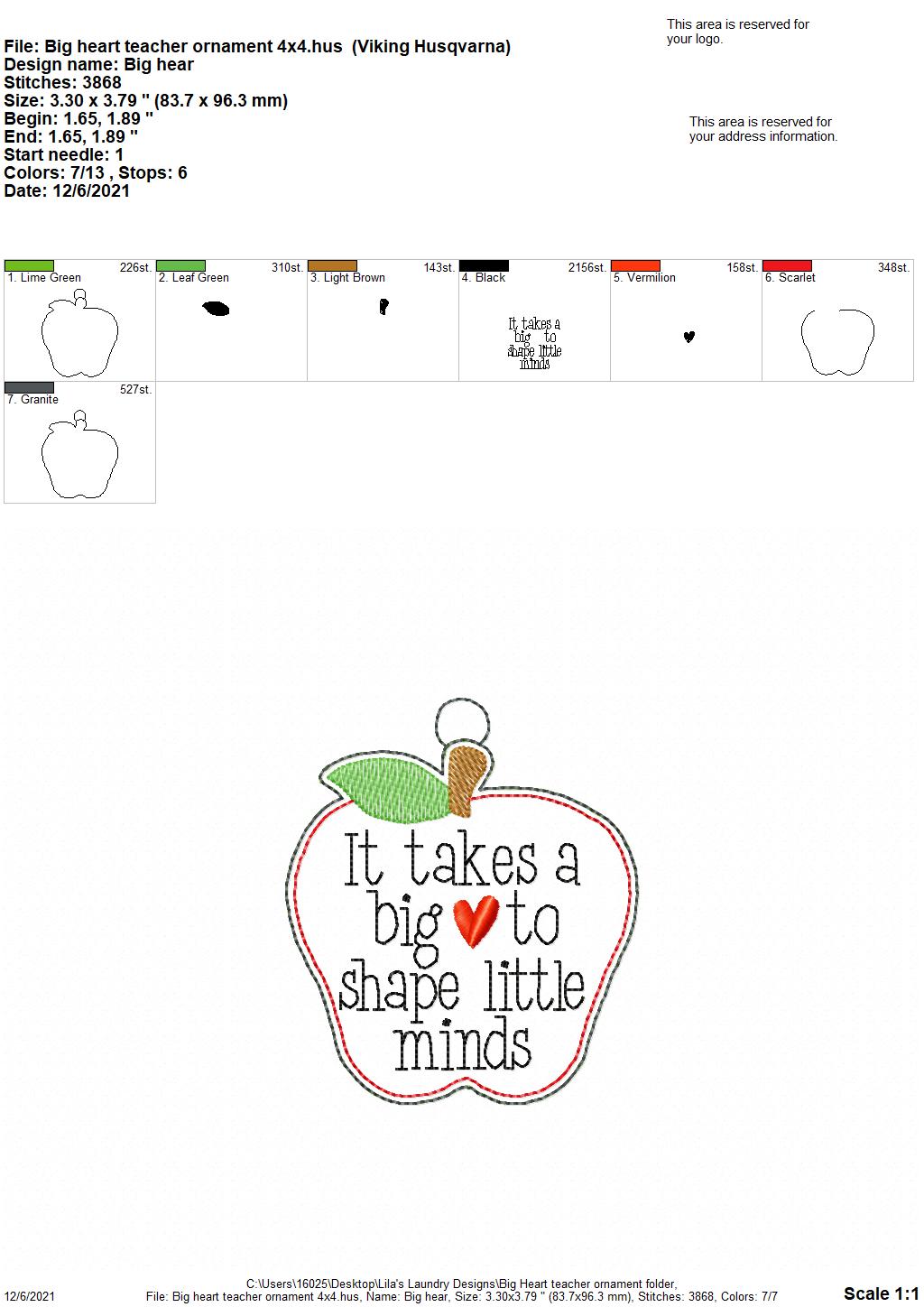 Big Heart Teacher Ornament - Digital Embroidery Design