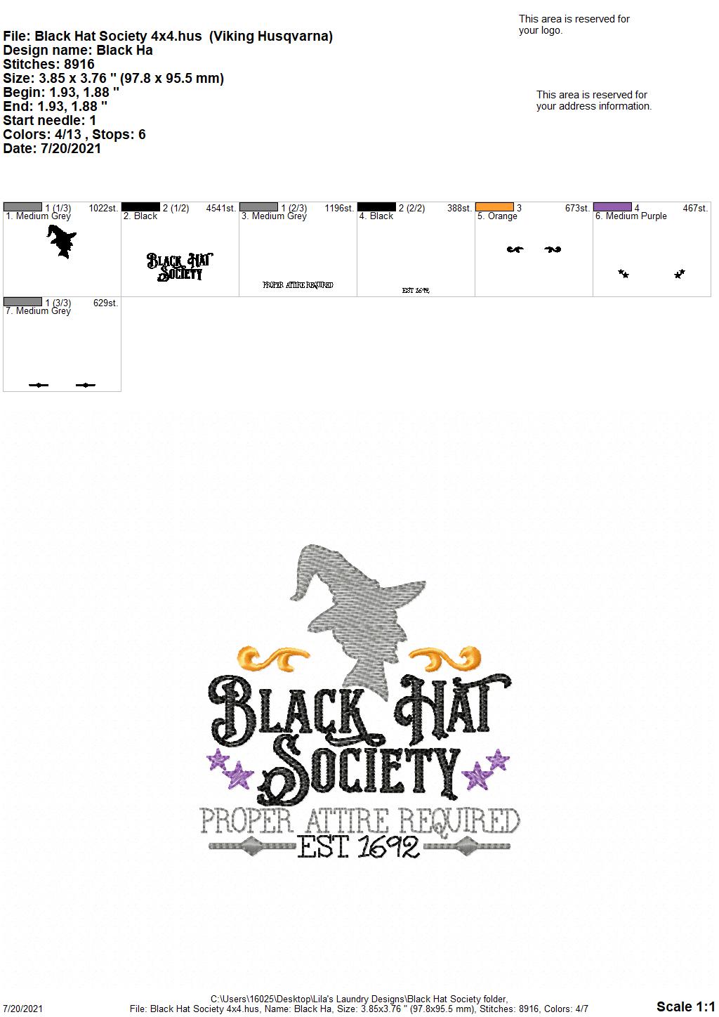 Black Hat Society - 4 sizes- Digital Embroidery Design