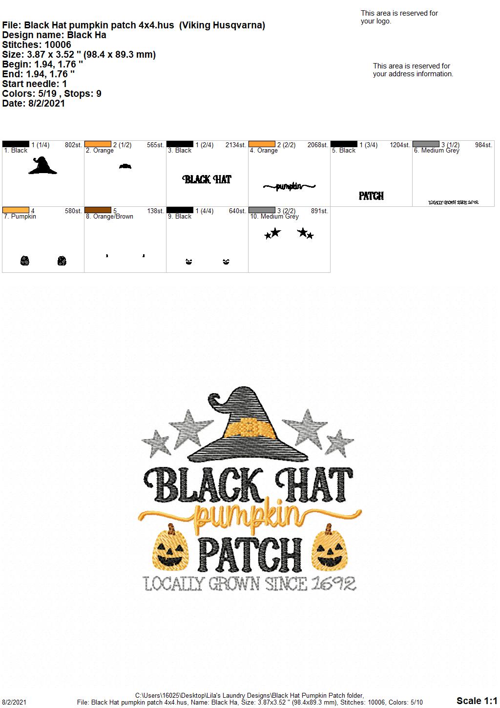 Black Hat Pumpkin Patch - 4 sizes- Digital Embroidery Design
