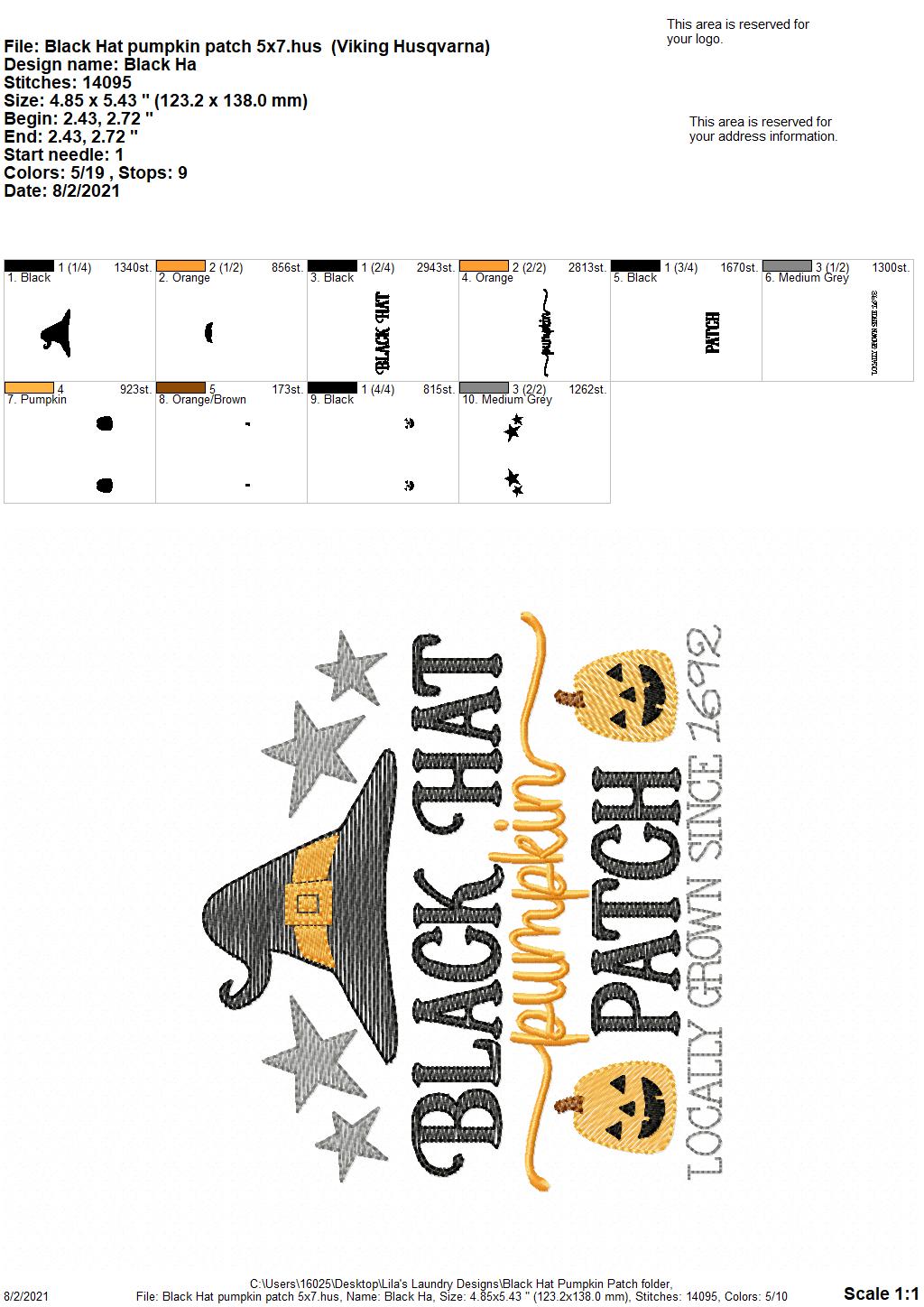 Black Hat Pumpkin Patch - 4 sizes- Digital Embroidery Design